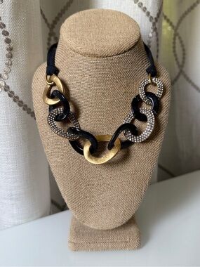 Ann Taylor Iridescent Blue Black Gold Pavé Rhinestone Ribbon Statement Necklace